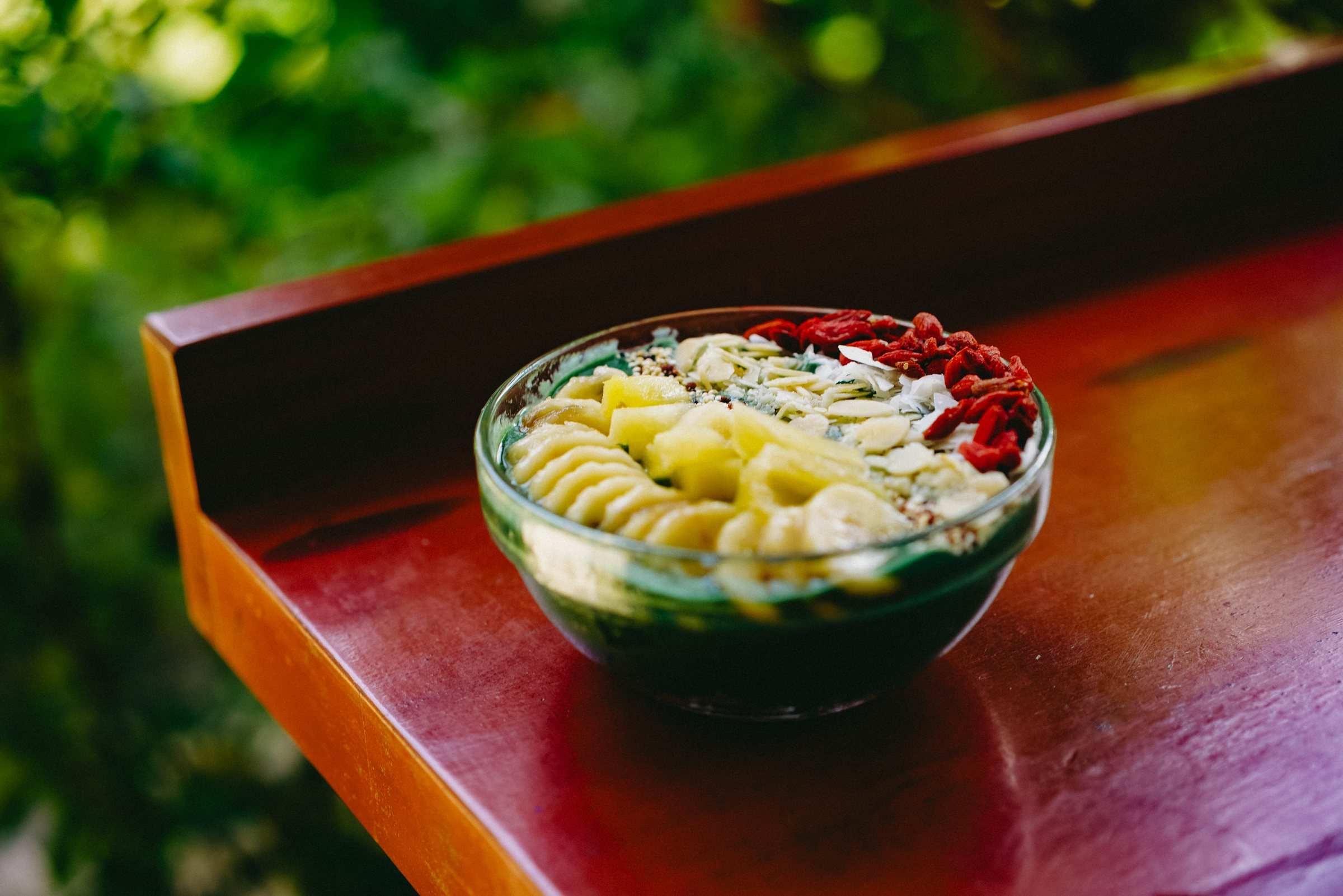 Smoothie bowl served in the garden