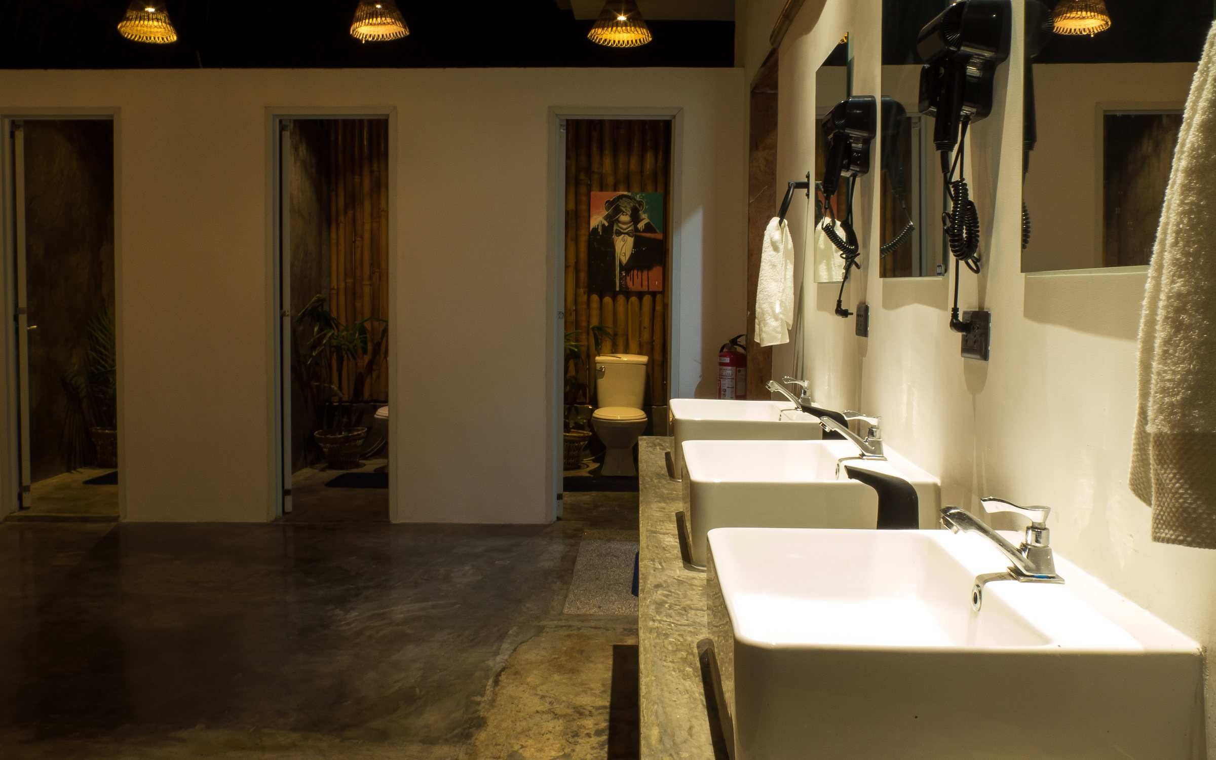 Sinks and toilet cubicles in the evening